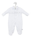Dandelion white unisex star embossed cotton velour babygrow with silver star smocking and Peter Pan collar
