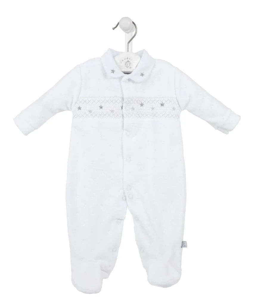 Dandelion white unisex star embossed cotton velour babygrow with silver star smocking and Peter Pan collar