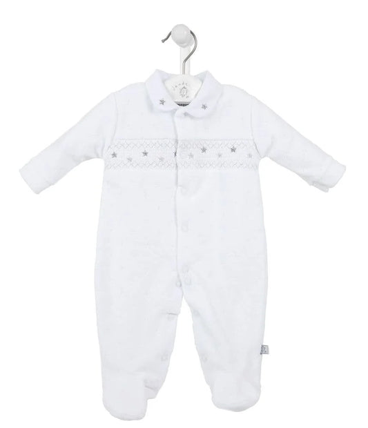 Dandelion white unisex star embossed cotton velour babygrow with silver star smocking and Peter Pan collar