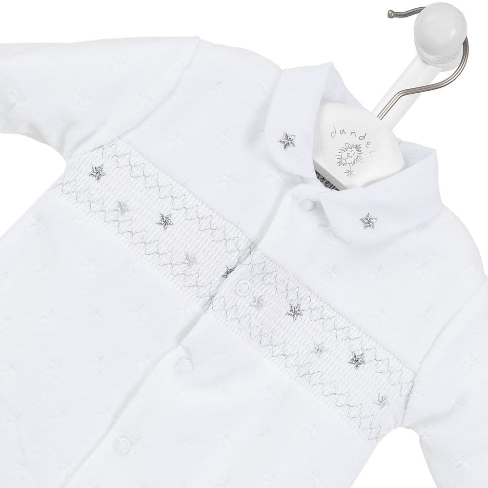Dandelion white unisex star embossed cotton velour babygrow with silver star smocking and Peter Pan collar Close up