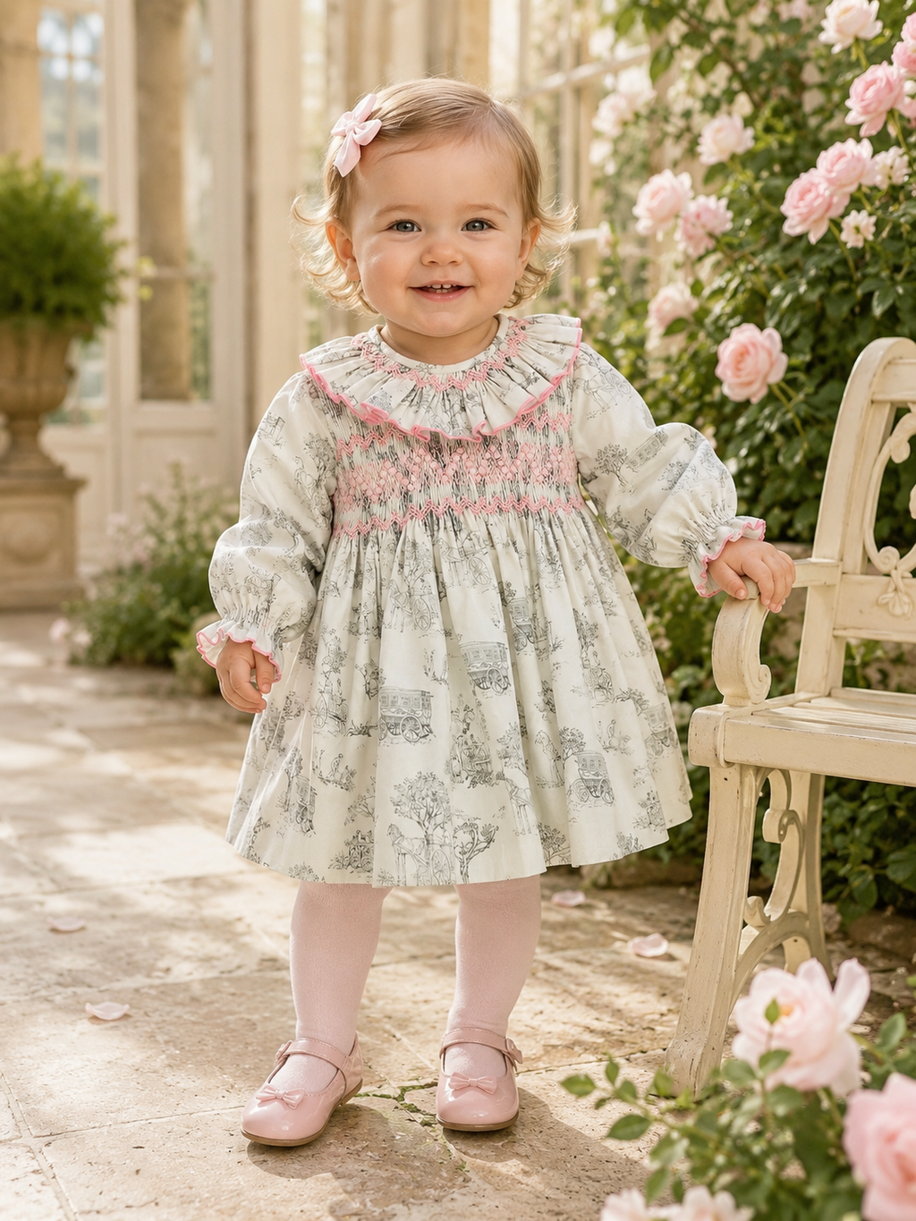 Toddler girl wearing the Naxos grey and pink hand smocked toile dress with pink tights and shoes