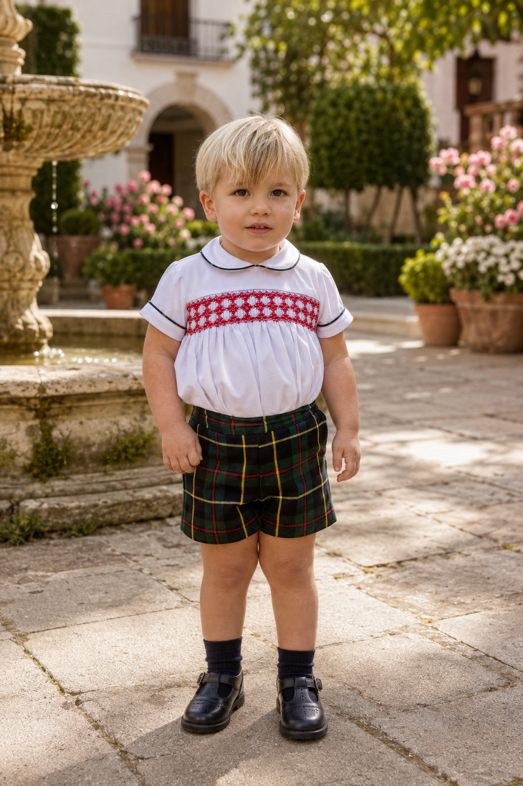 Naxos boys navy tartan short set with white blouse and red hand-smocked chest