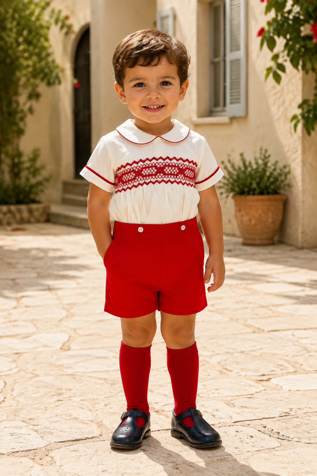 NAXOS Pablo boys red short set with ivory hand-smocked shirt, red piping and tailored red shorts. - lifestyle