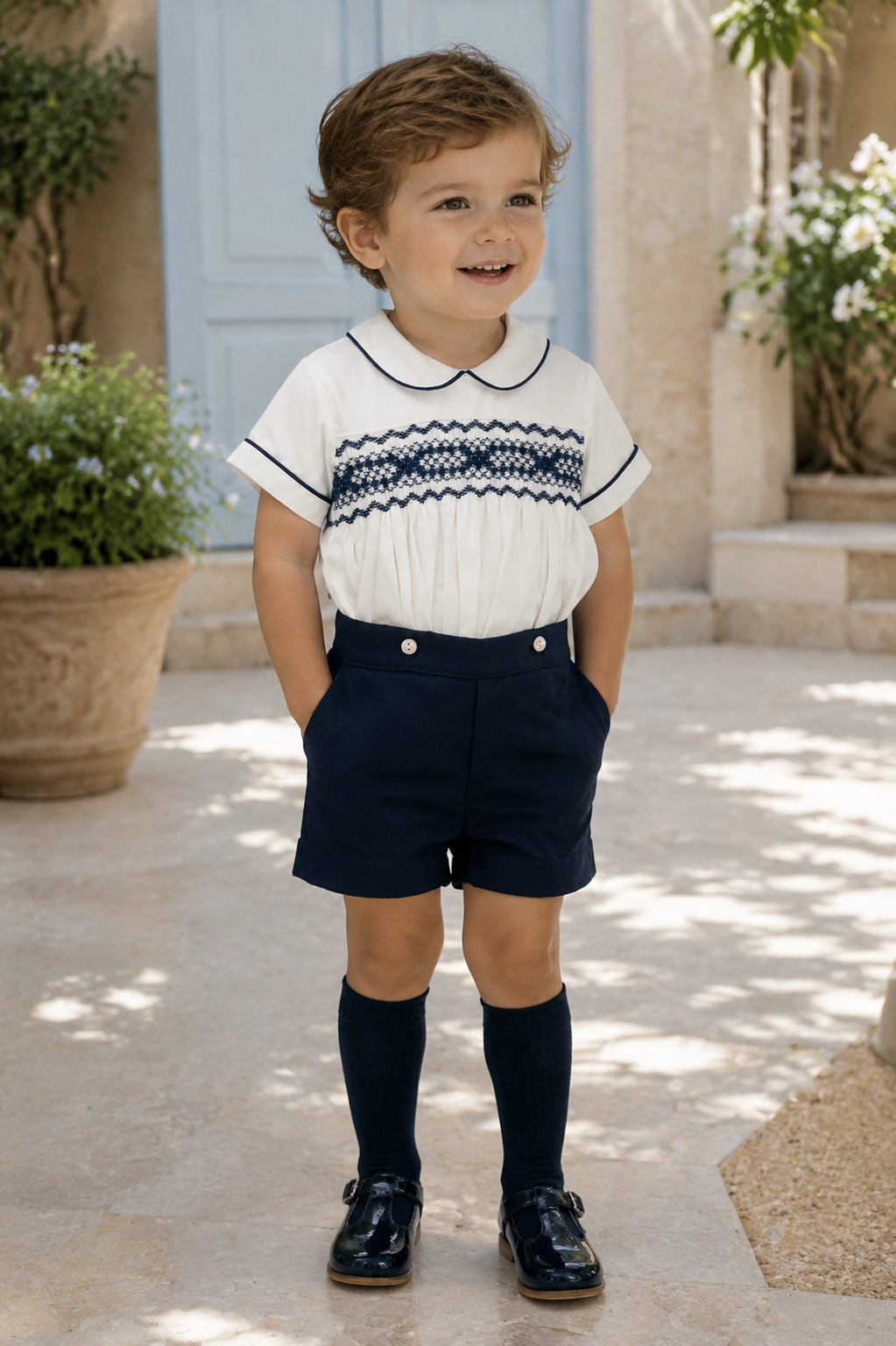 Little boy wearing the Naxos Pablo navy hand smocked short set with navy knee-high socks and shoes