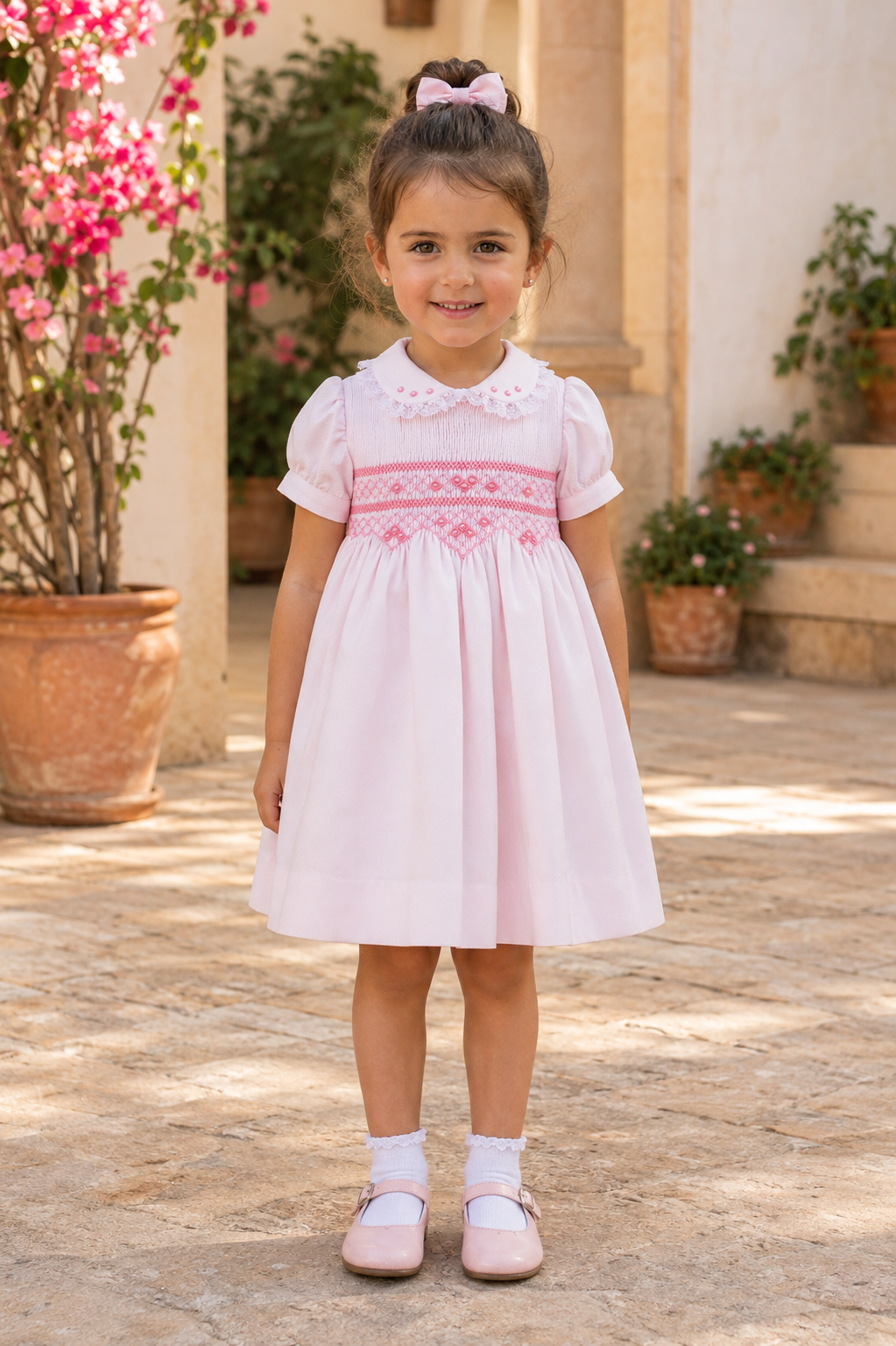 Little girls wearing Naxos Hand Smocked Florinda Girls Pink Pique Cotton Dress