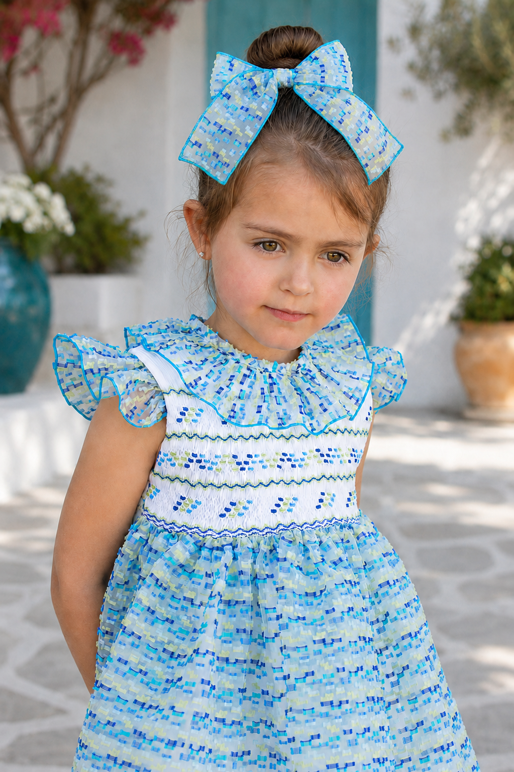 Naxos Marisol Girls Blue & Yellow Voile Hair Bow with Matching Dress
