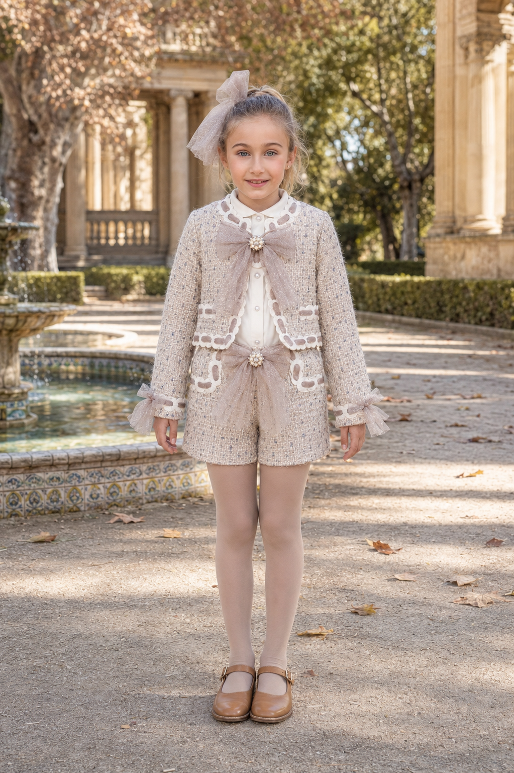 Naxos girls camel tweed three piece short set with matching jacket, blouse and jewelled tulle trim.