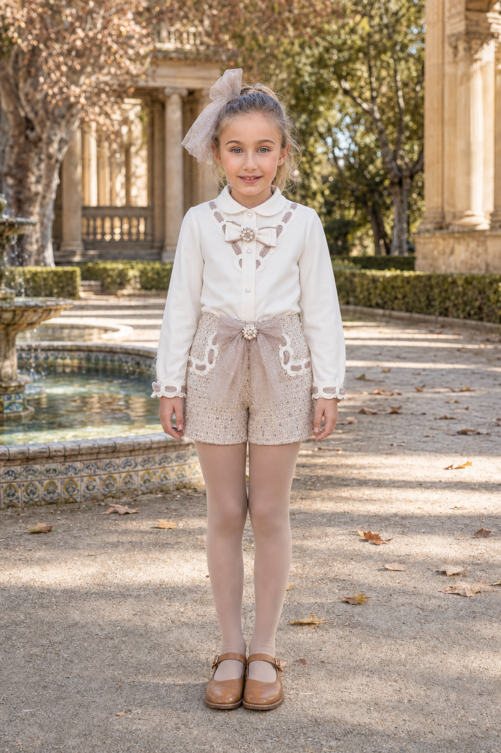 Naxos girls camel tweed three piece short set with matching jacket, blouse and jewelled tulle trim 2