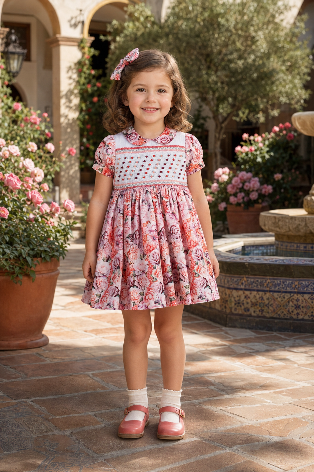 Naxos Amora girls pink floral hand smocked dress with rosebud embroidery and Peter Pan collar.
