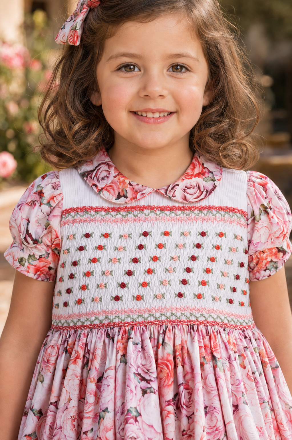 Naxos Amora girls pink floral dress with hand smocked rosebuds.