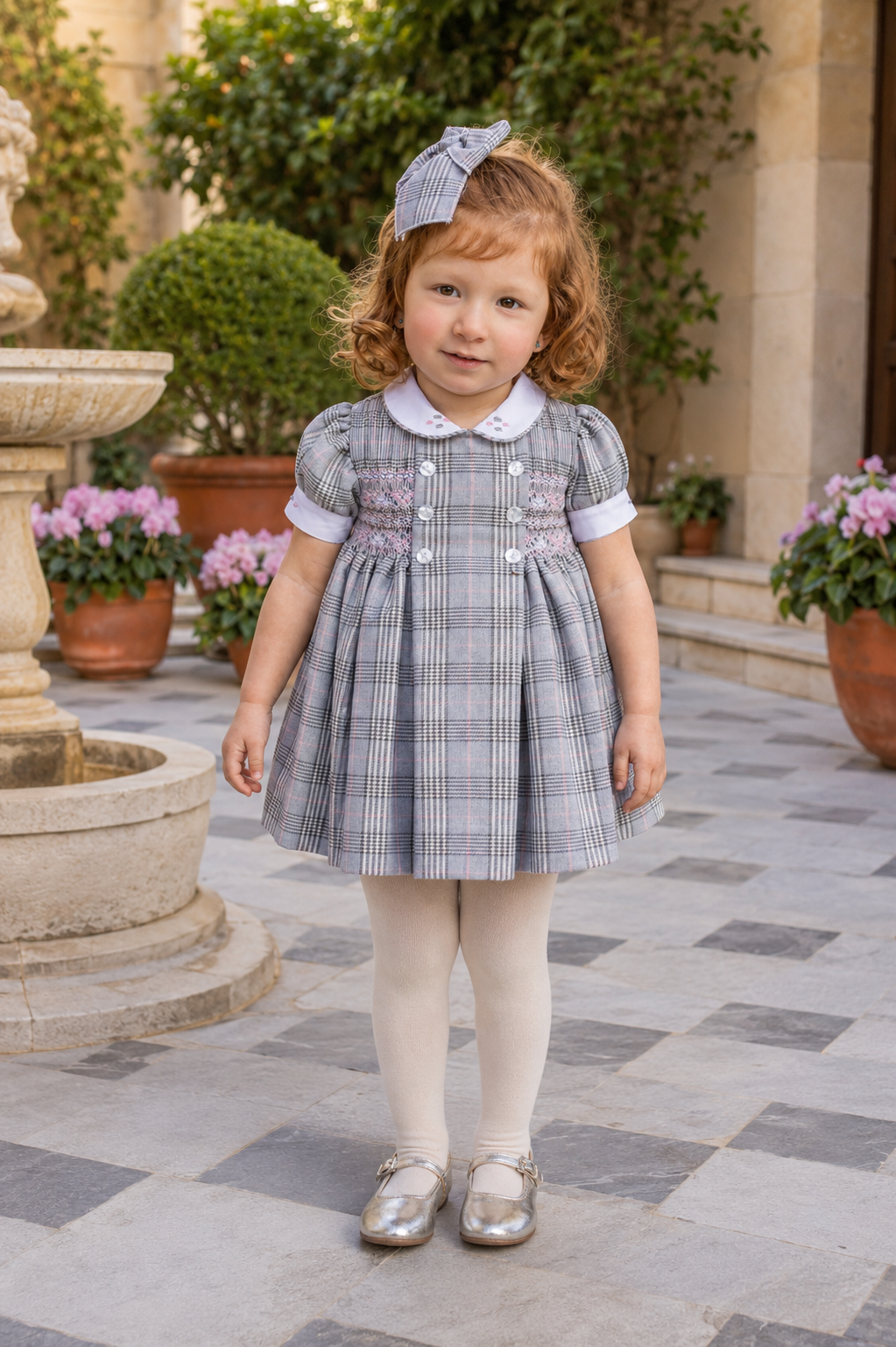 Naxos Laura girls grey and pink check hand smocked dress with white Peter Pan collar and puff sleeves.