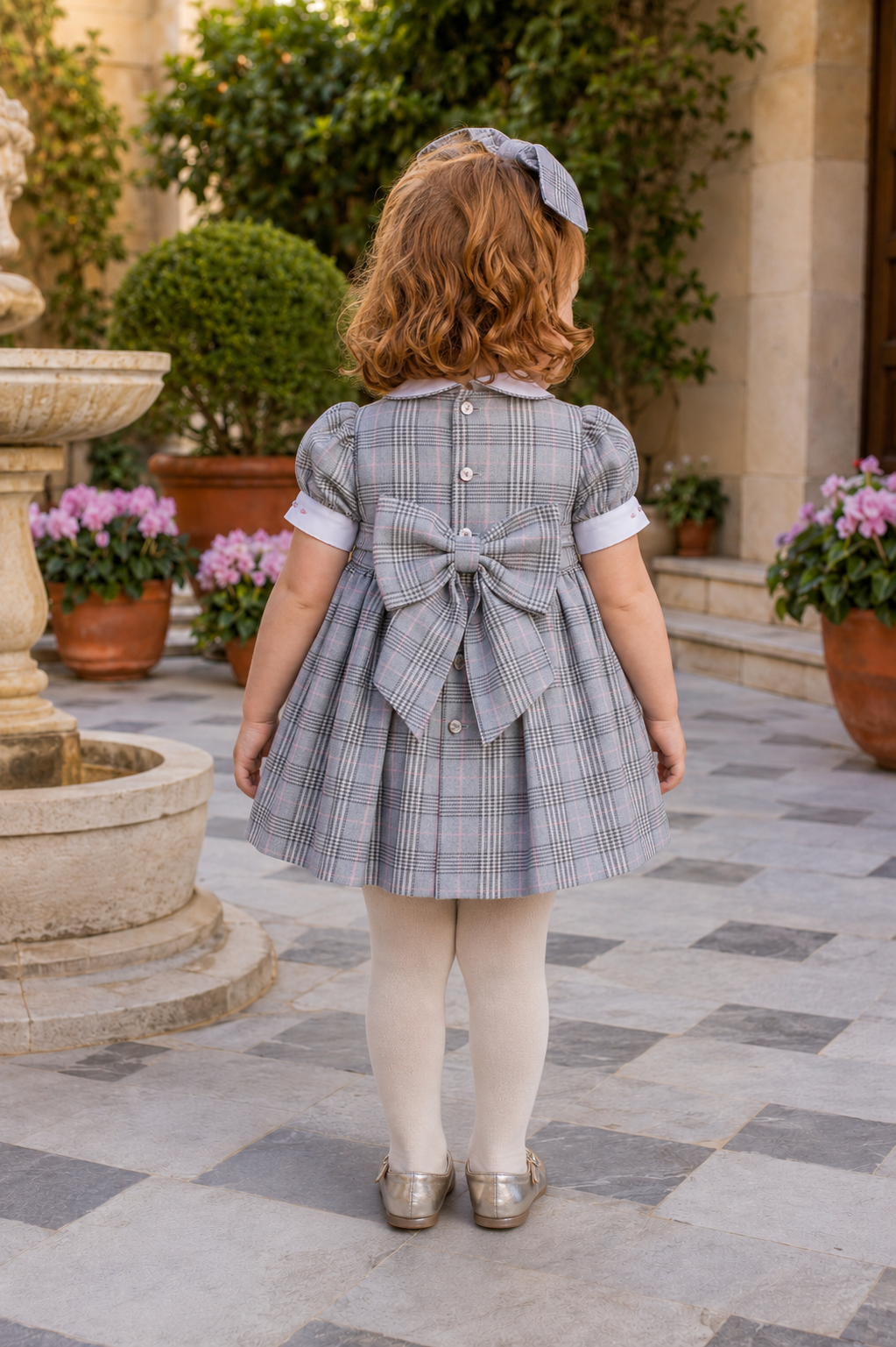 Naxos Laura girls grey and pink check dress with button fastening and large matching bow to the back.