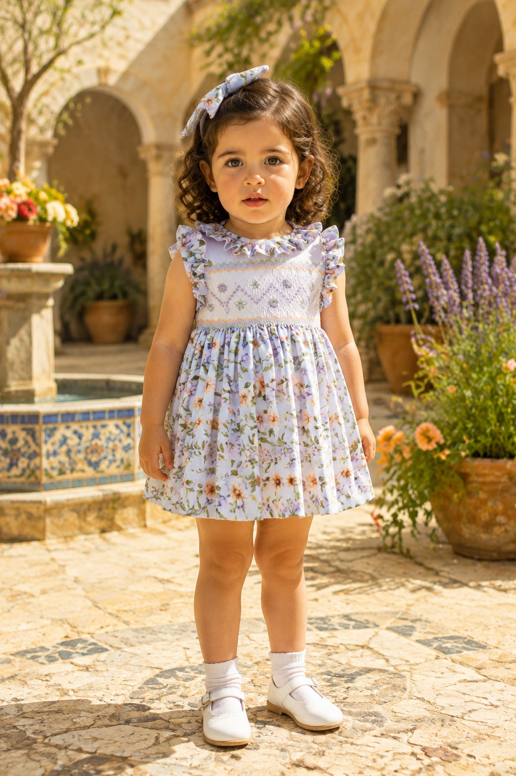 Naxos Anemona girls lilac floral hand smocked dress with frilled neckline and full gathered skirt.