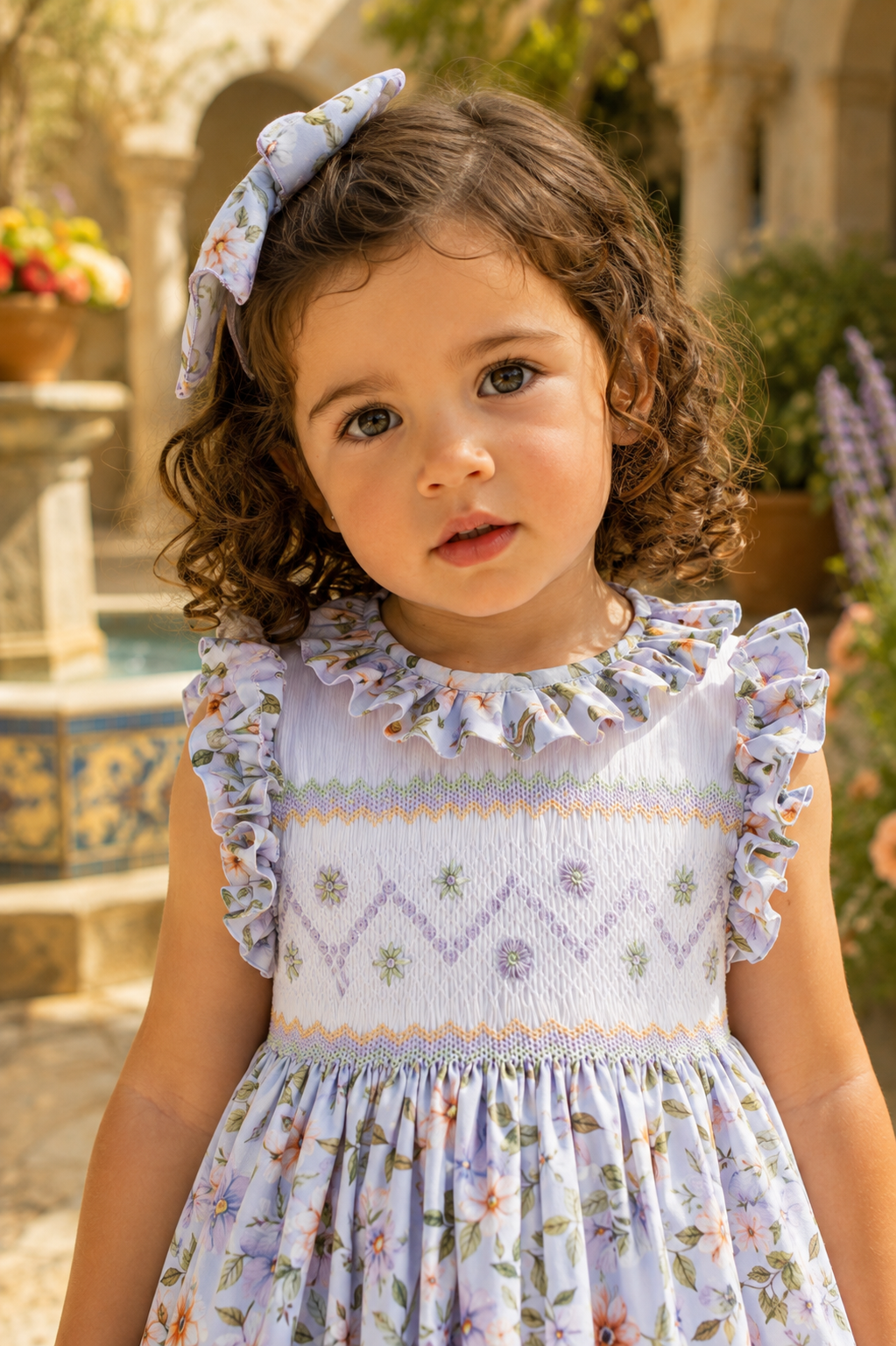 Naxos Anemona lilac floral girls dress with intricate hand smocking, embroidered flowers and frilled neckline.
