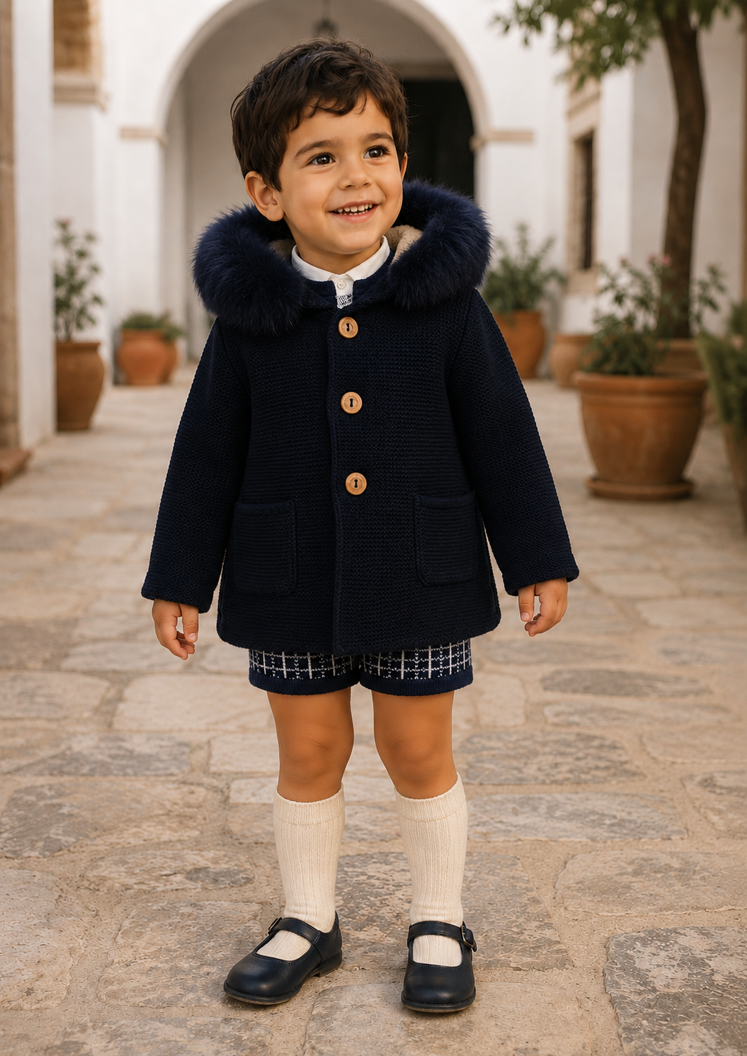 Little boy wearing the Rahigo navy knitted coat with faux fur hood over a matching outfit