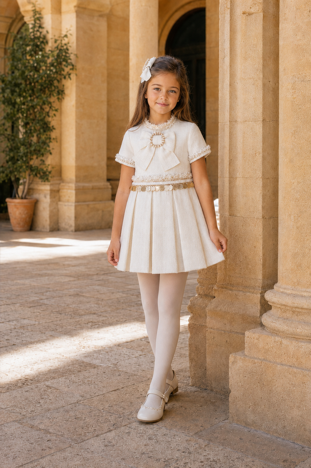 Girl wearing the Naxos cream and gold tweed dress in a Spanish courtyard