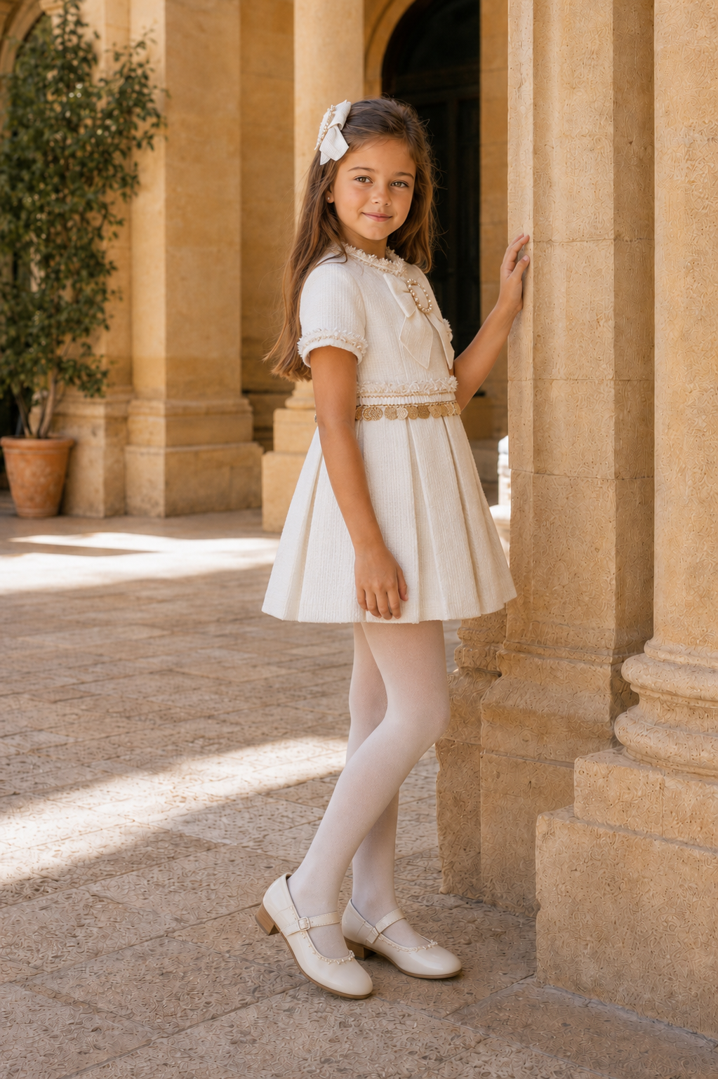 Side view of the Naxos cream tweed girls dress with pleated skirt