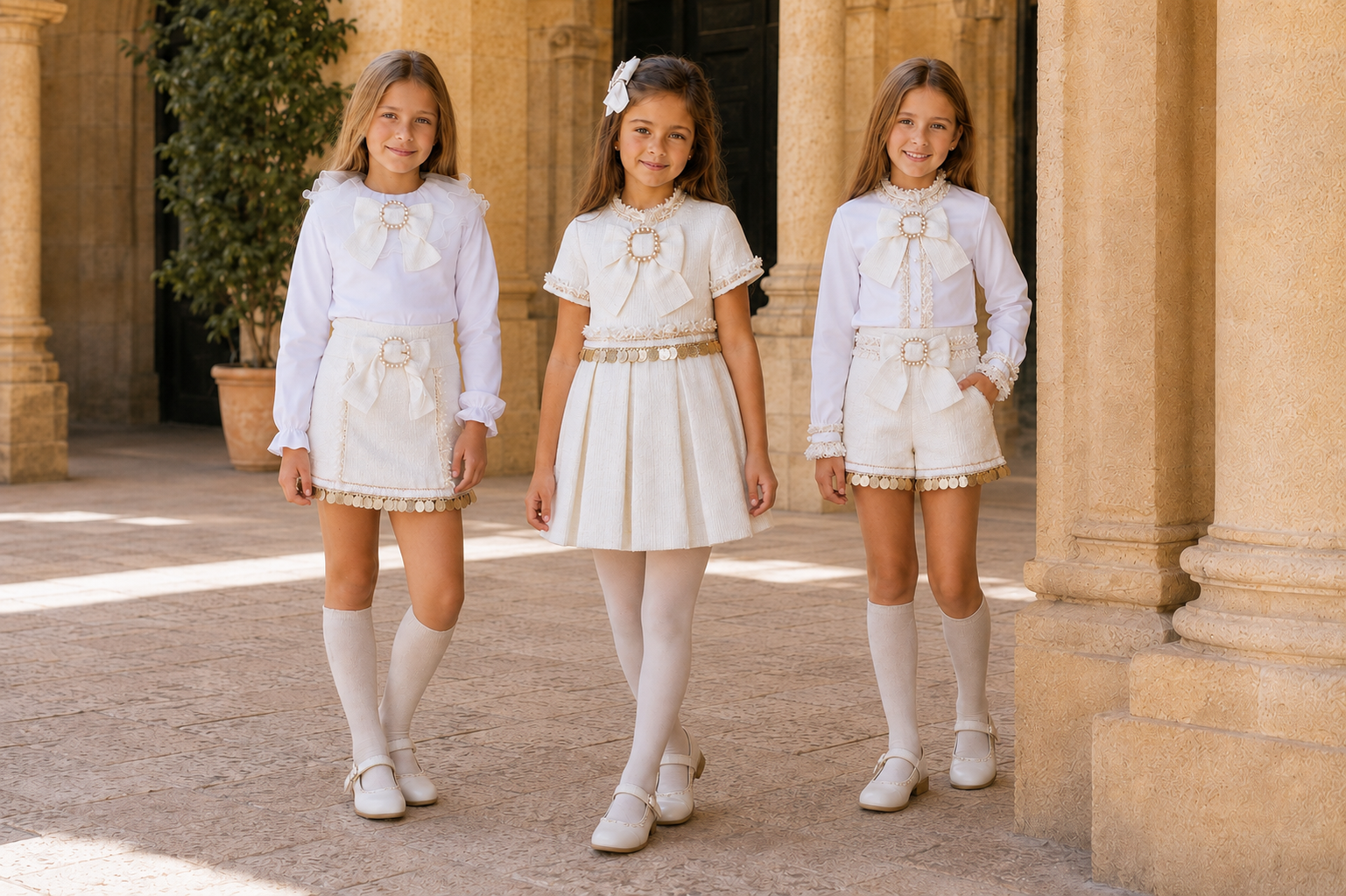 Naxos Girls Cream & Gold Tweed Short Set - 7568