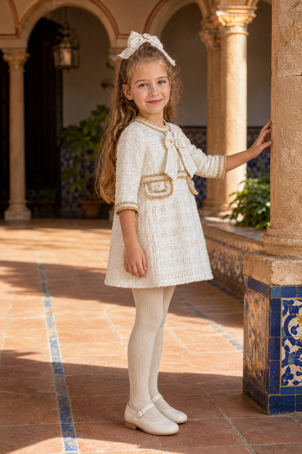 Three-quarter view of the Naxos cream and gold tweed girls dress