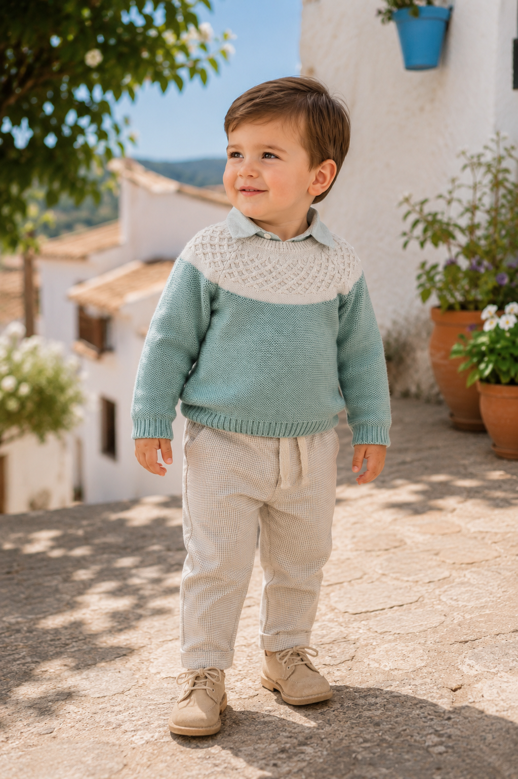 Baby boy wearing Tutto Piccolo green and grey trouser set with jumper in Spain