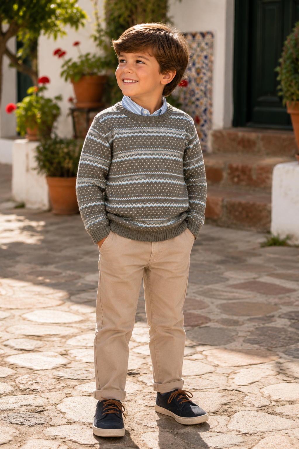 Boy wearing Tutto Piccolo grey and blue trouser set with jumper in Spain