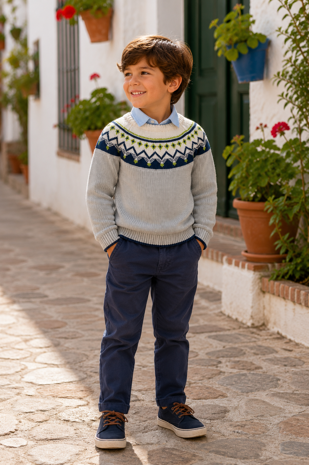Boy wearing Tutto Piccolo grey and navy trouser set with Fair Isle jumper in Spain