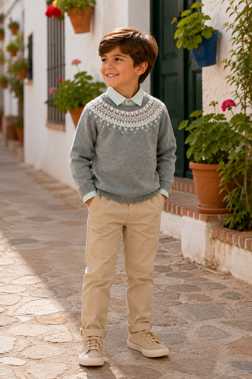 Boy wearing Tutto Piccolo grey and beige trouser set with Fair Isle jumper in Spain