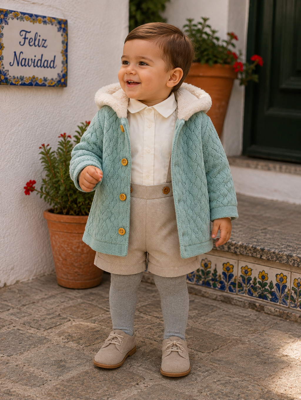 Toddler boy wearing Tutto Piccolo green and grey short set with knitted jacket in Spain
