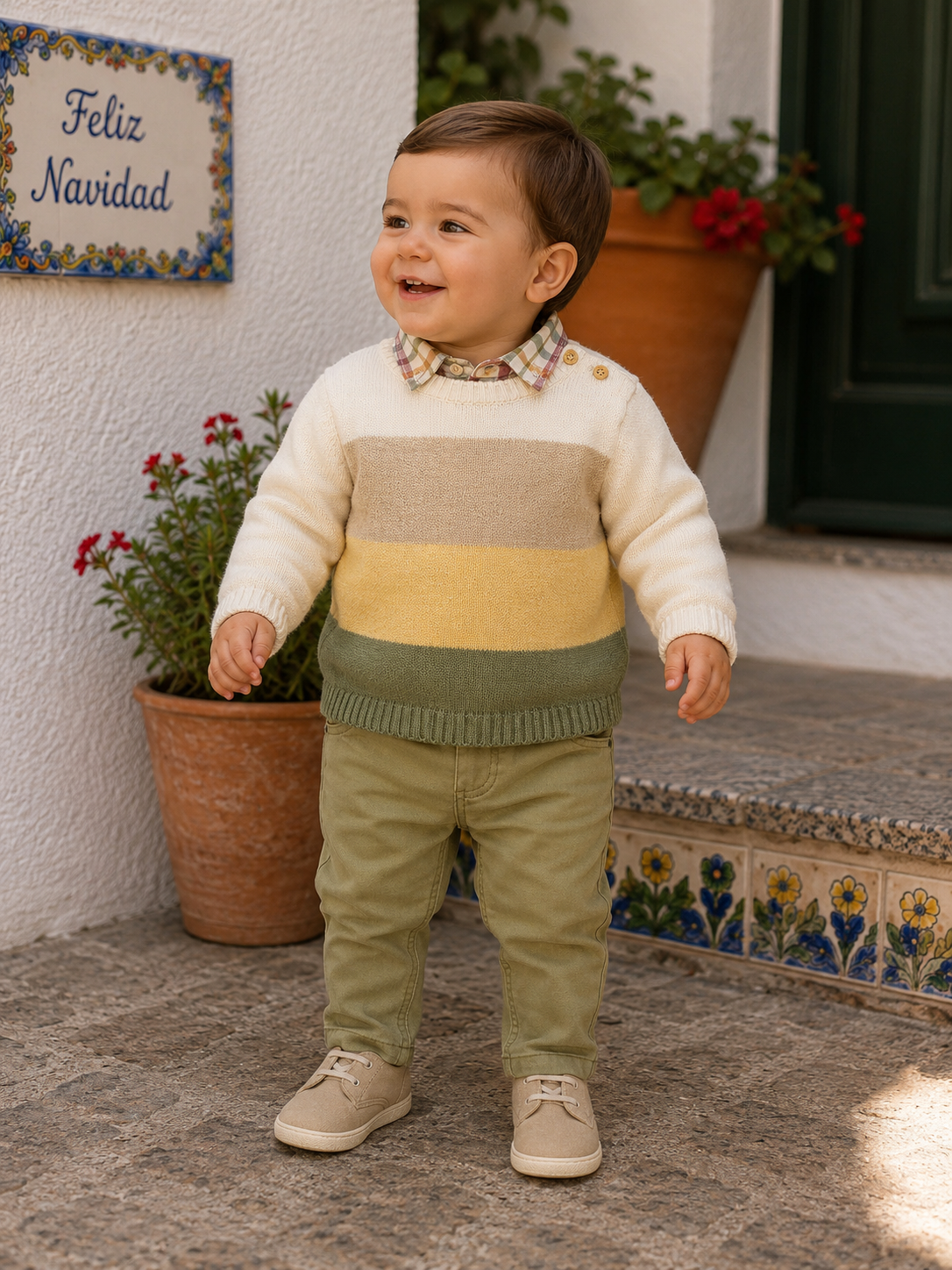 Boy wearing Tutto Piccolo beige and khaki trouser set with jumper in Spain