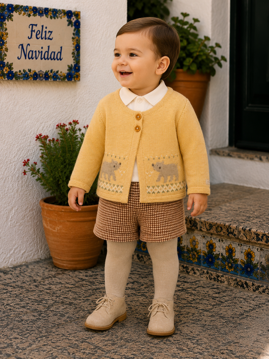 Baby boy wearing Tutto Piccolo camel and mustard short set with bear cardigan in Spain