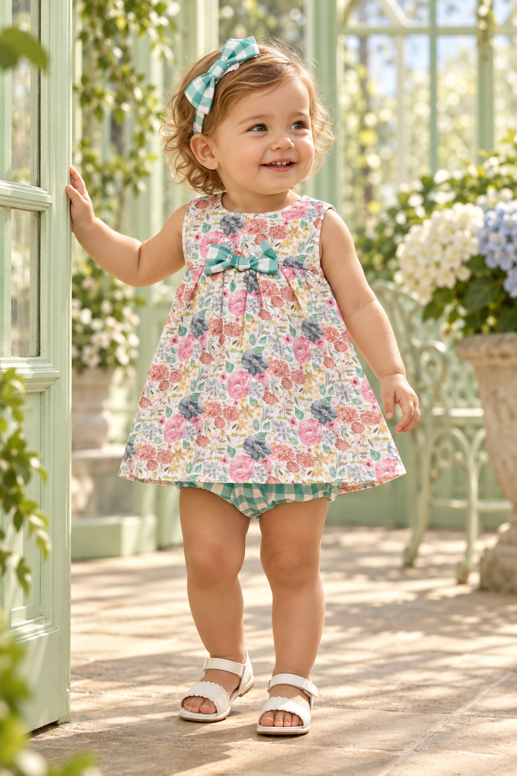 Baby girl wearing the Juliana Azucar green floral dress and gingham knickers in a mint conservatory