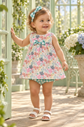 Baby girl wearing the Juliana Azucar green floral dress and gingham knickers in a mint conservatory