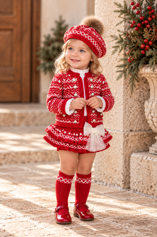 Rahigo Girls Red & Cream Knitted Jam Pant Set with Socks & Beret.