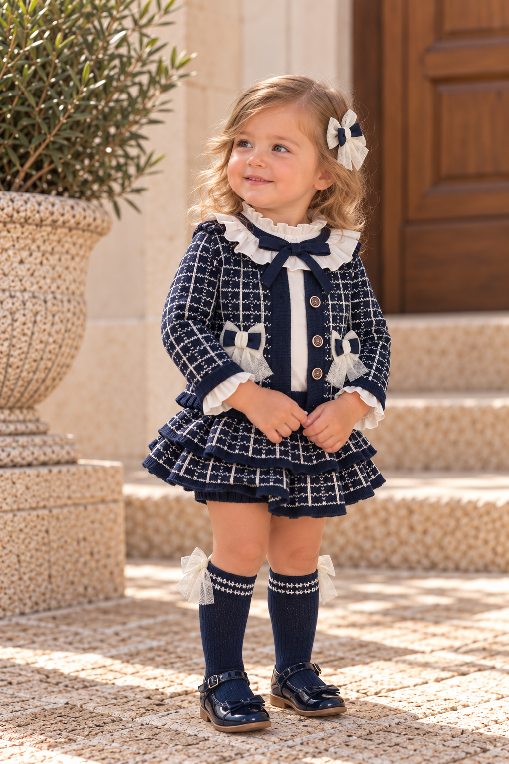 Rahigo Baby Girls Navy & Cream Skort Set with Socks & Hair Bow 