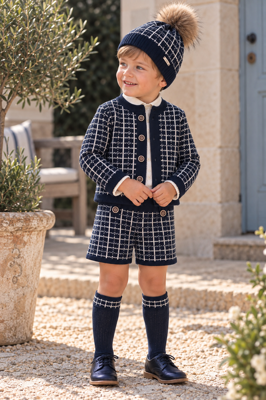 Rahigo Boys Navy & Cream Short Set with Socks & Pom Pom Hat
