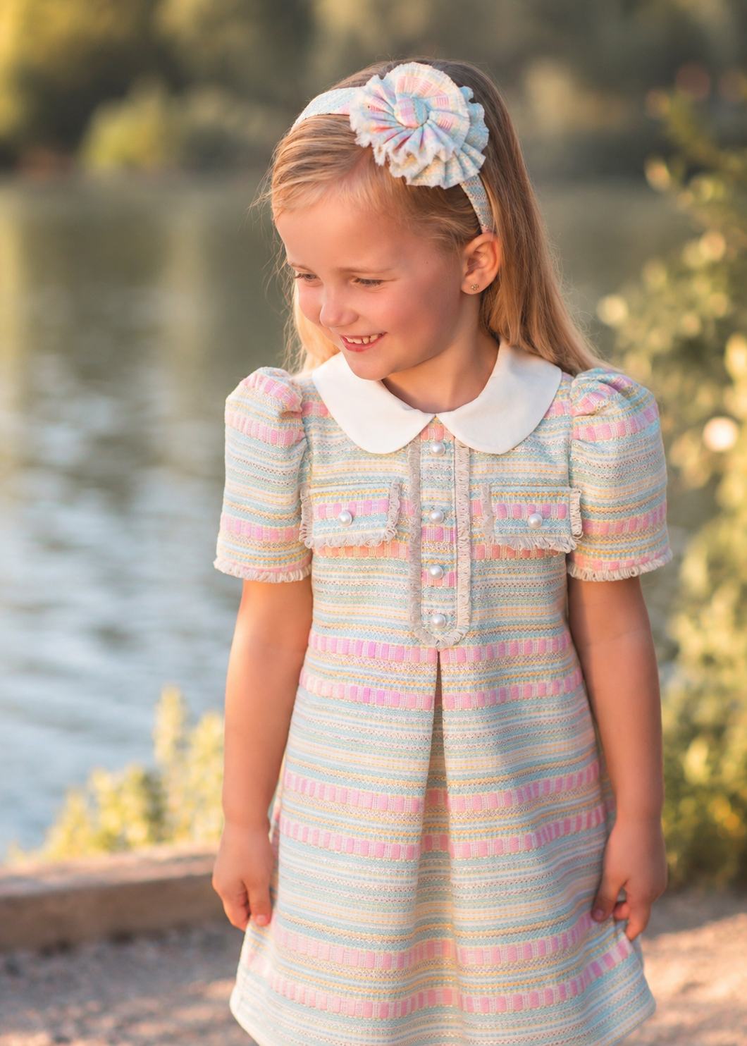Rochy Jacquard girls multicolour tweed A-line dress with white Peter Pan collar, pearl details and matching pastel headband