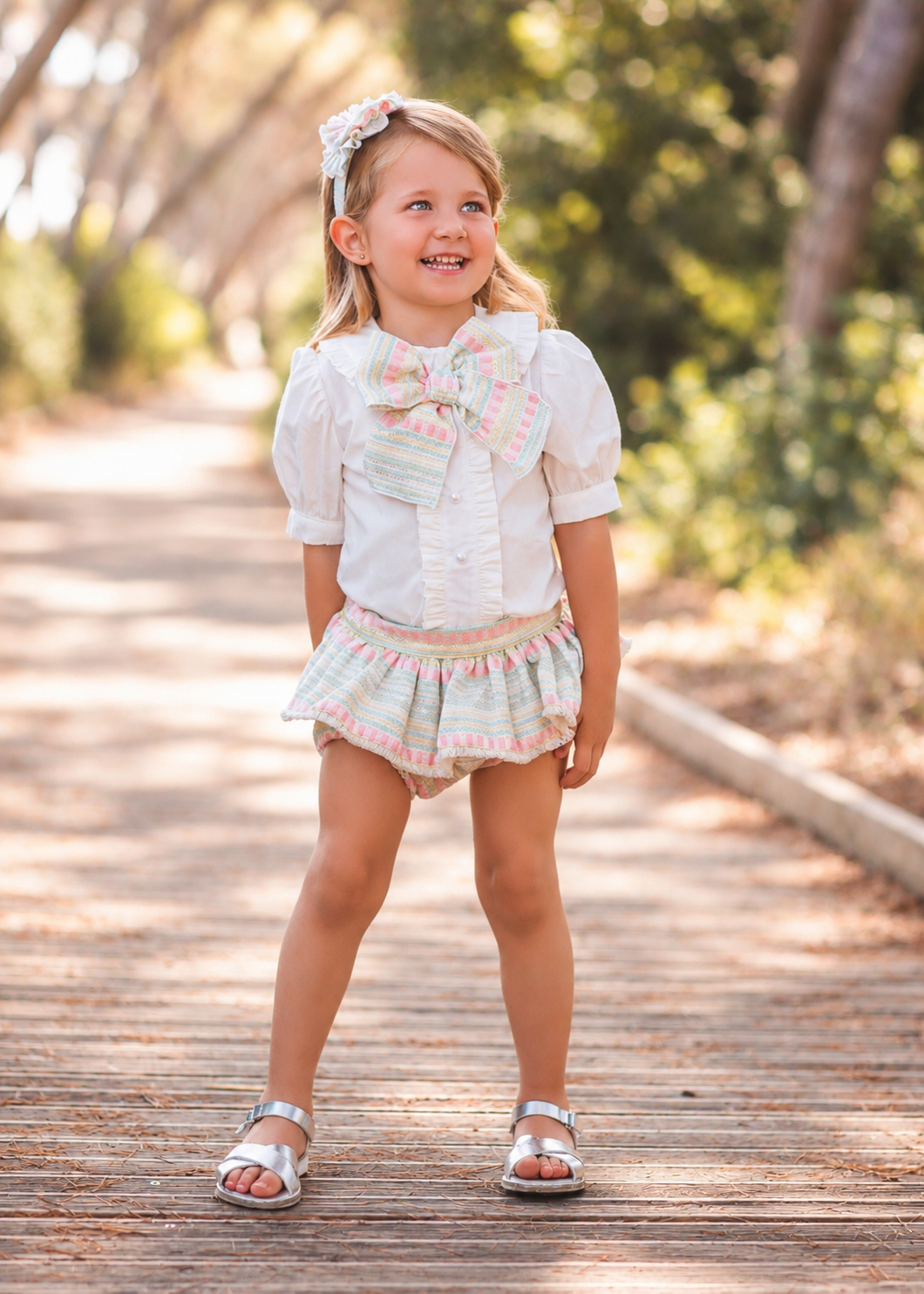Rochy Jacquard girls multicolour tweed jam pant set with white puff-sleeve blouse, statement bow and matching pastel headband