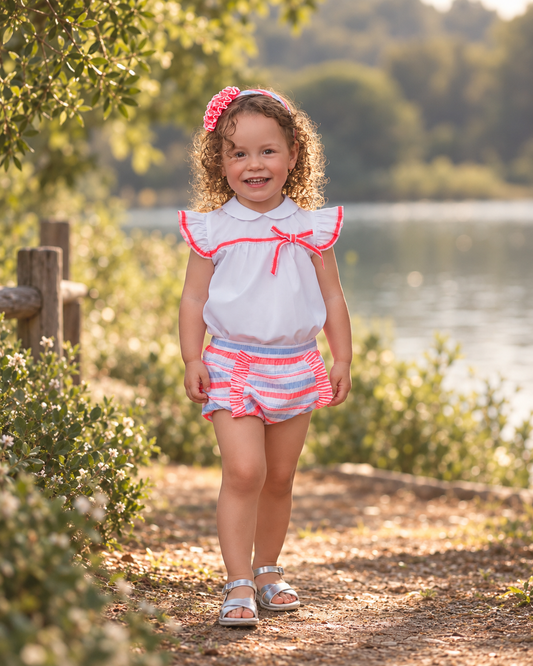 Fluor girls blue, white and neon pink jam pant set with ruffle blouse, striped bloomers and matching headband 
