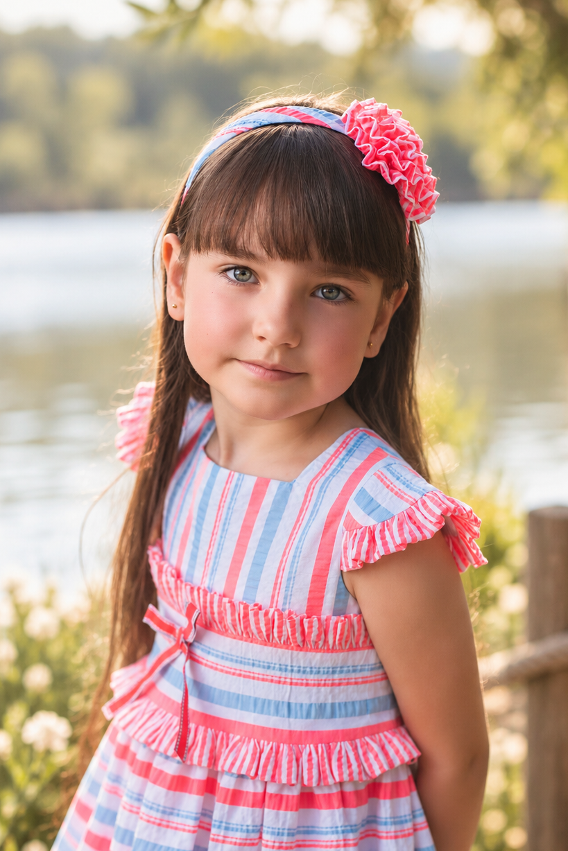 Rochy Fluor girls blue, white and neon pink striped headband with coral ruffle flower detail