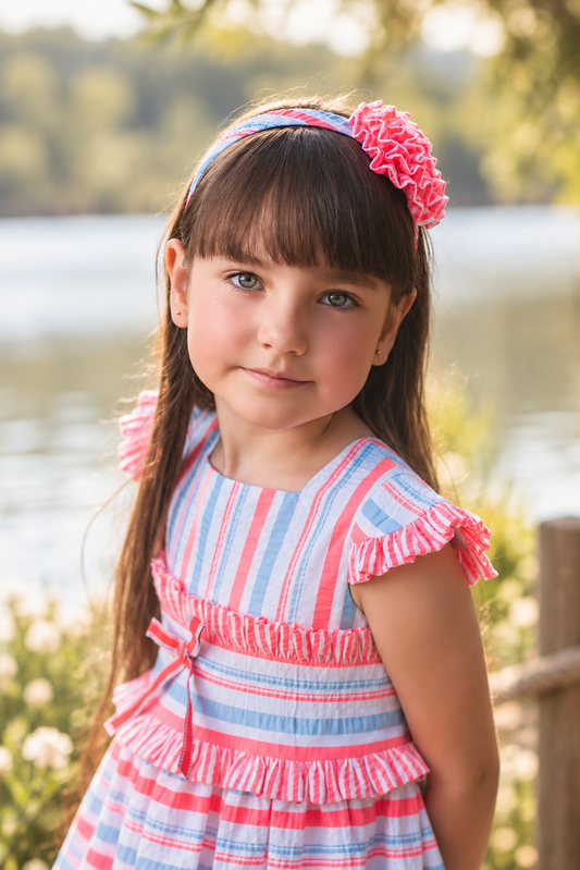Rochy Fluor girls blue, white and neon pink striped headband with coral ruffle flower detail