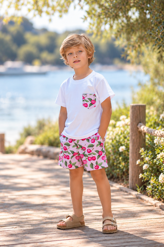 Rochy Cherry boys white T-shirt with cherry print pocket and matching cherry print swimming trunks 
