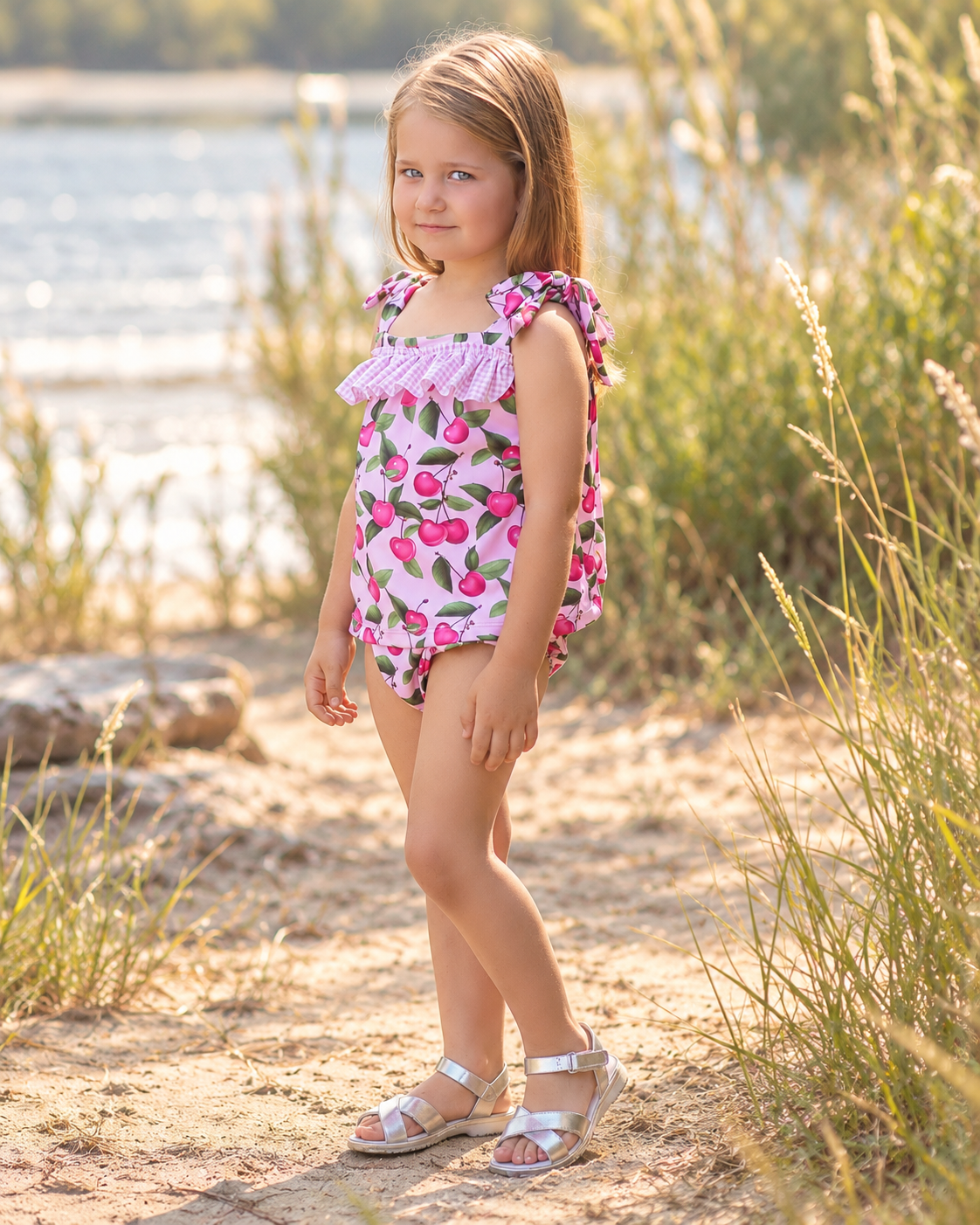 Rochy Cherry girls pink beach set with cherry print top and matching bottoms in a warm lakeside setting