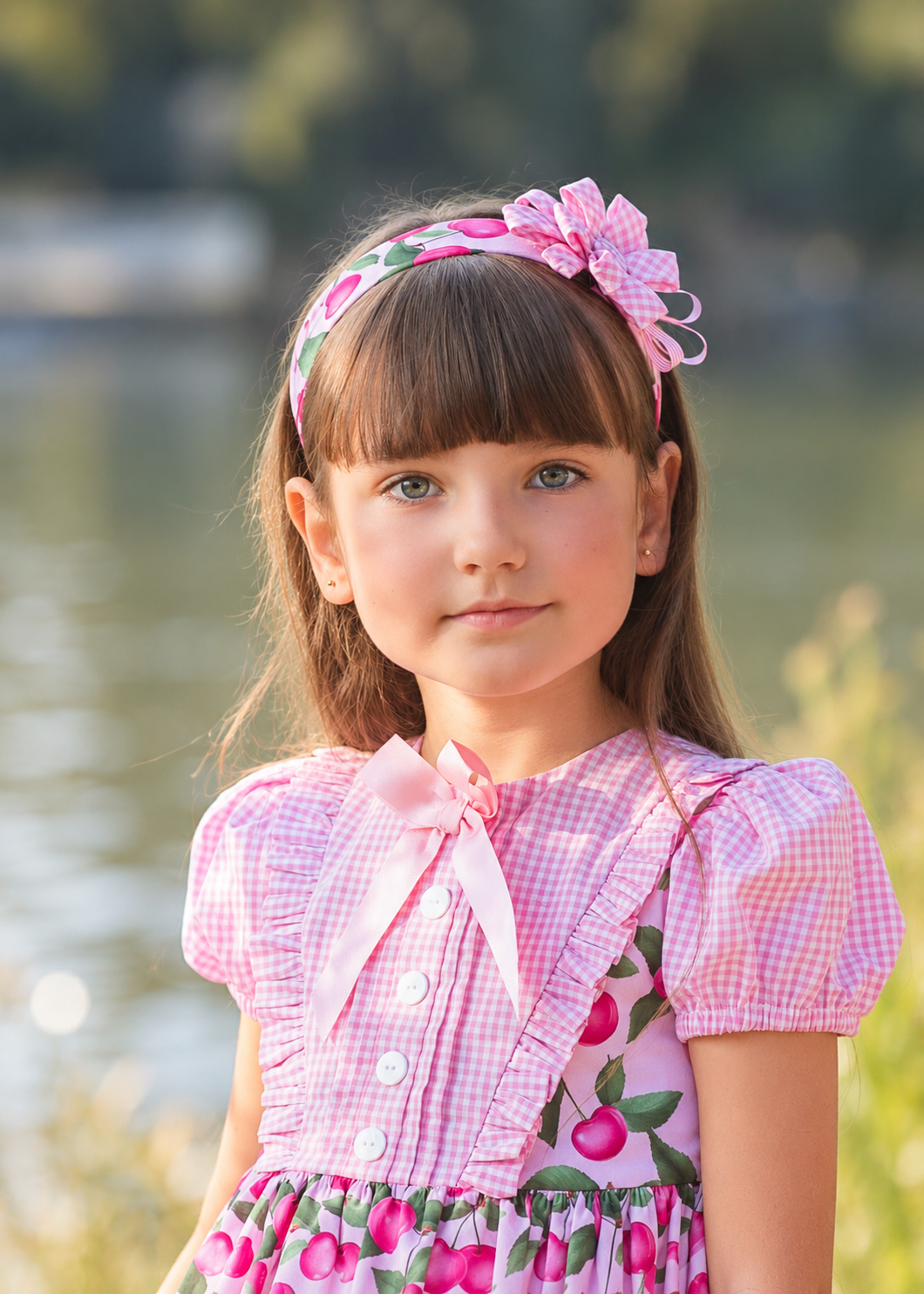 Rochy Cherry girls pink cherry print headband with gingham flower detail