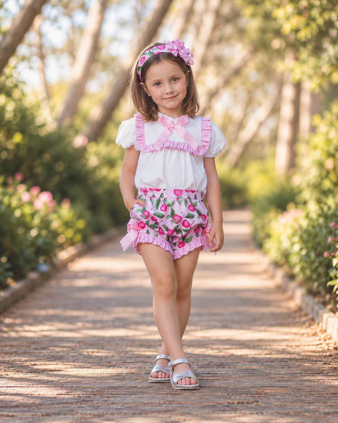 Rochy Cherry girls pink jam pant set with white ruffle blouse, cherry print shorts and matching headband