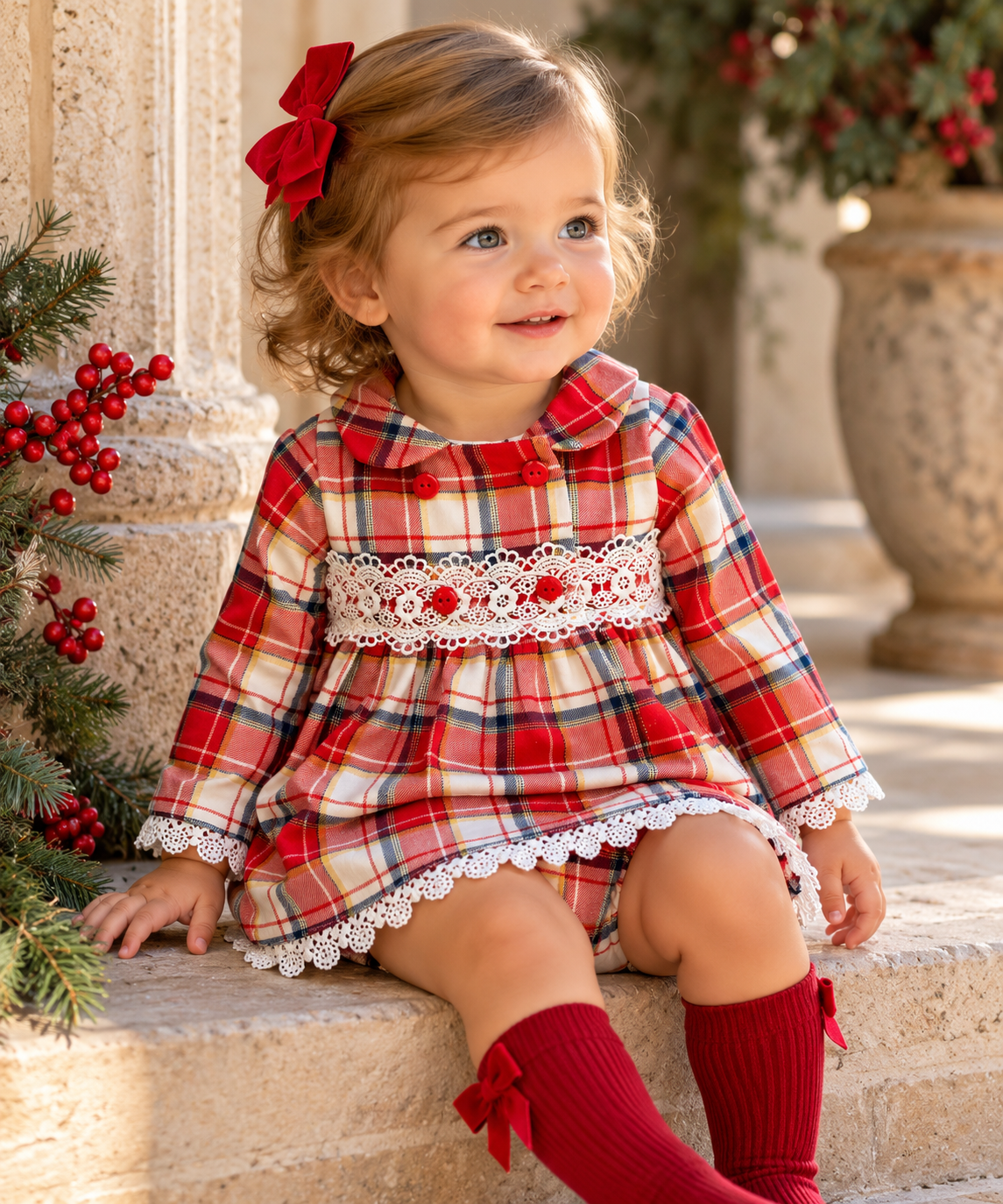 LOR Miral Escocia girls red tartan dress with ivory lace trim and matching knickers