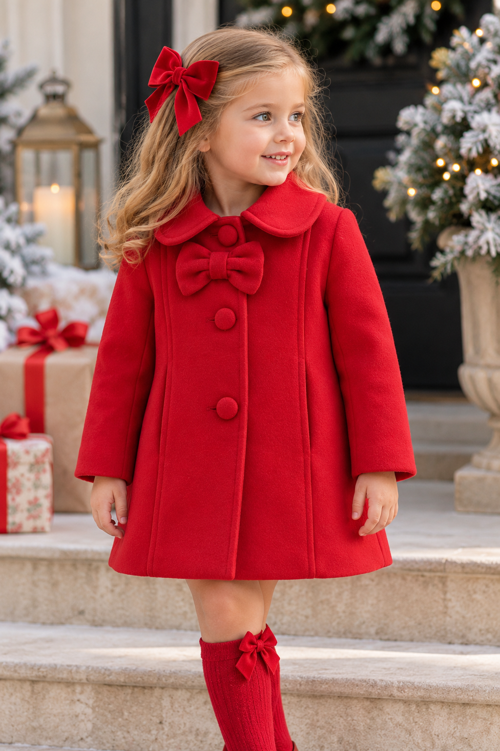 Eva Class Valeria girls red traditional coat worn by a young girl at Christmas, featuring a rounded collar, matching bow and covered buttons