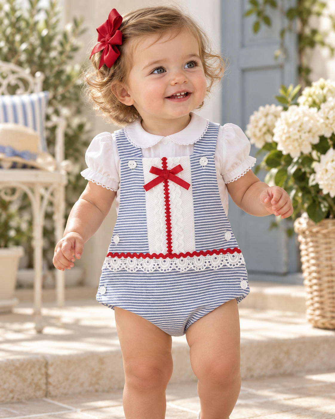 Eva Class Nati girls blue and white striped romper worn by a toddler with a white blouse, red bow and delicate lace detailing