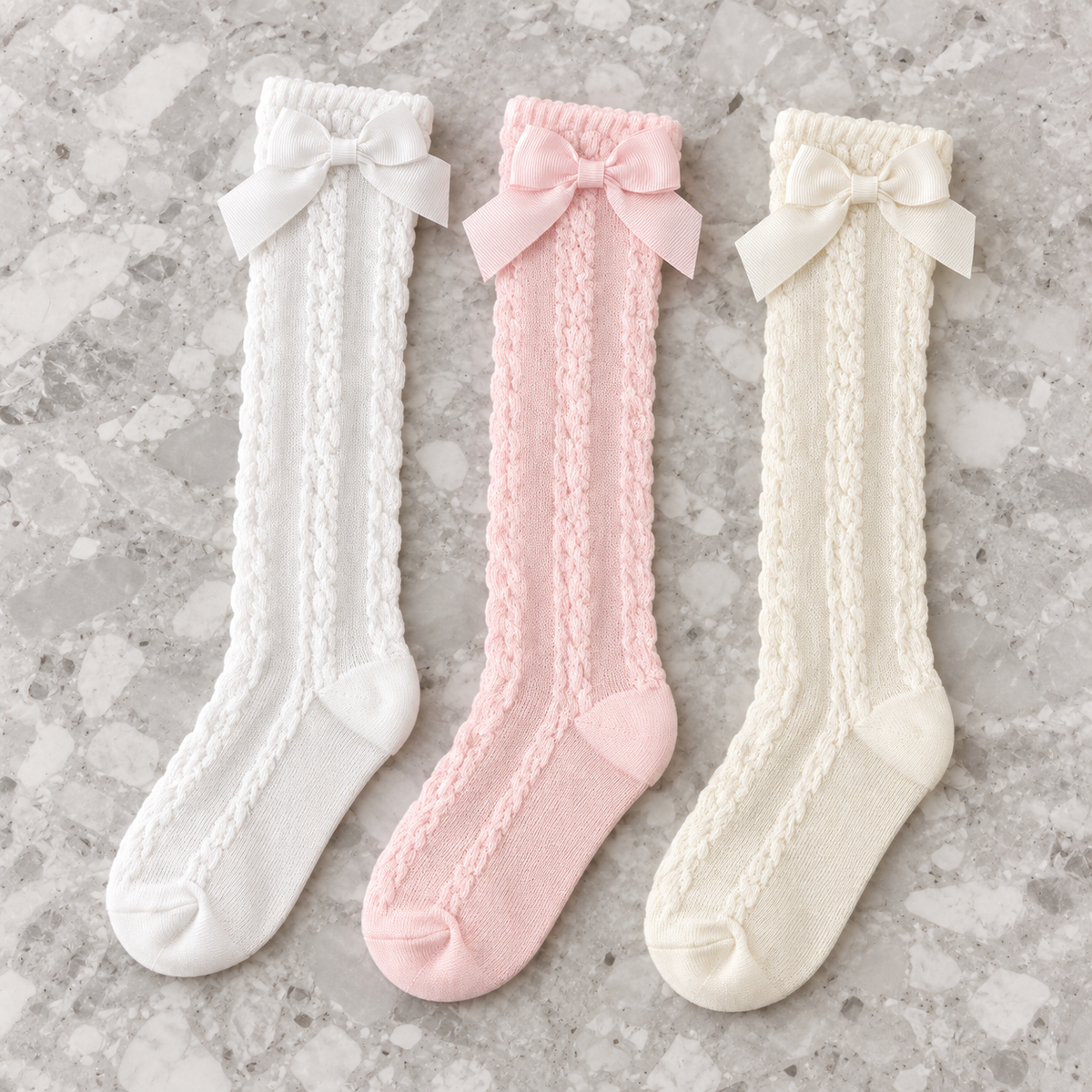 Miranda girls cable knit knee-high bow socks in white, pale pink and cream displayed on grey terrazzo marble