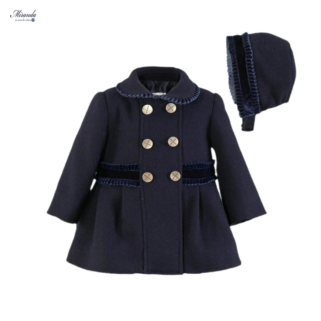 MIRANDA Navy Girls Traditional Style Coat & Bonnet