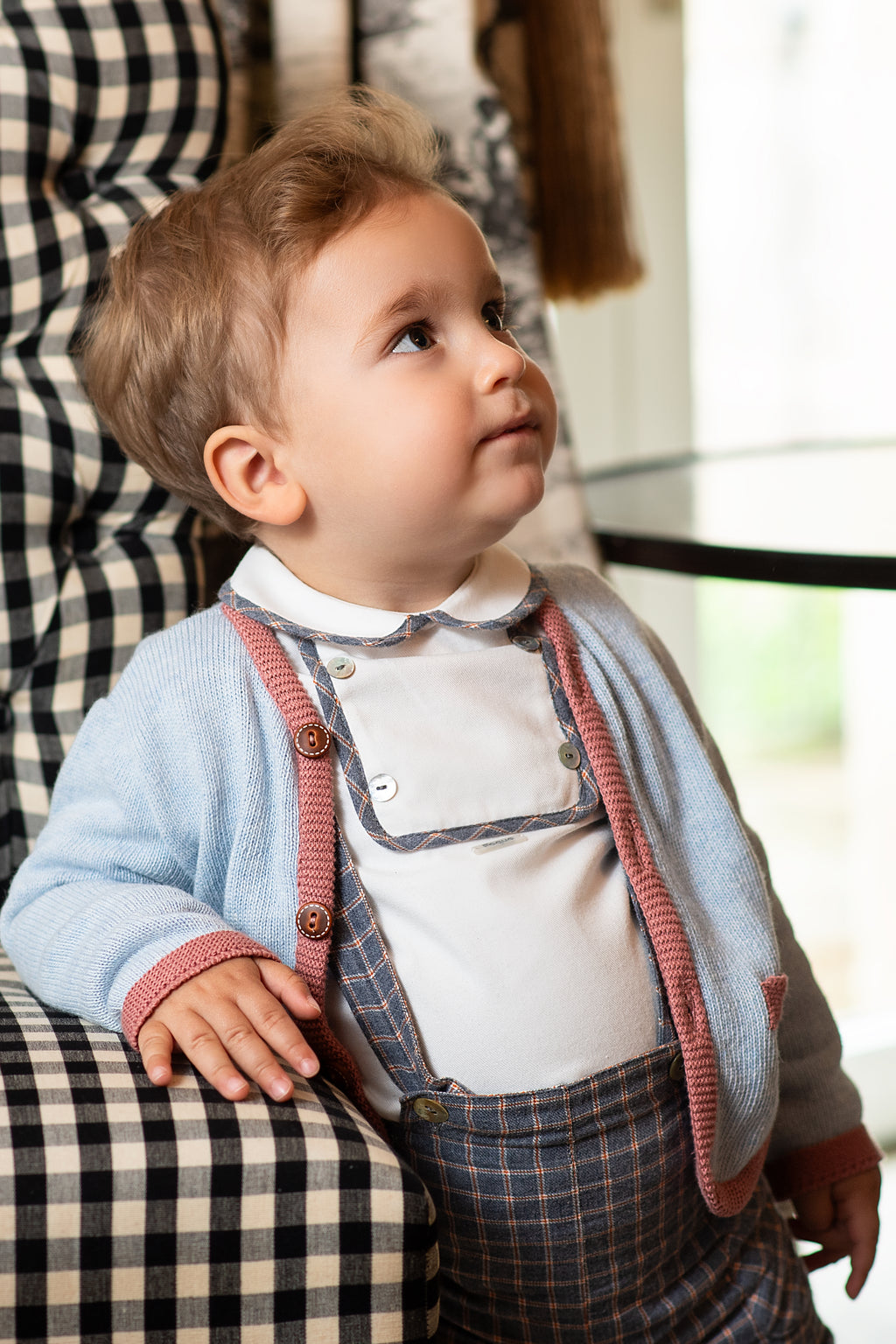AW24 FOQUE Arcilla Grey Check Boys Short Set with Cardigan - CLEARANCE SALE
